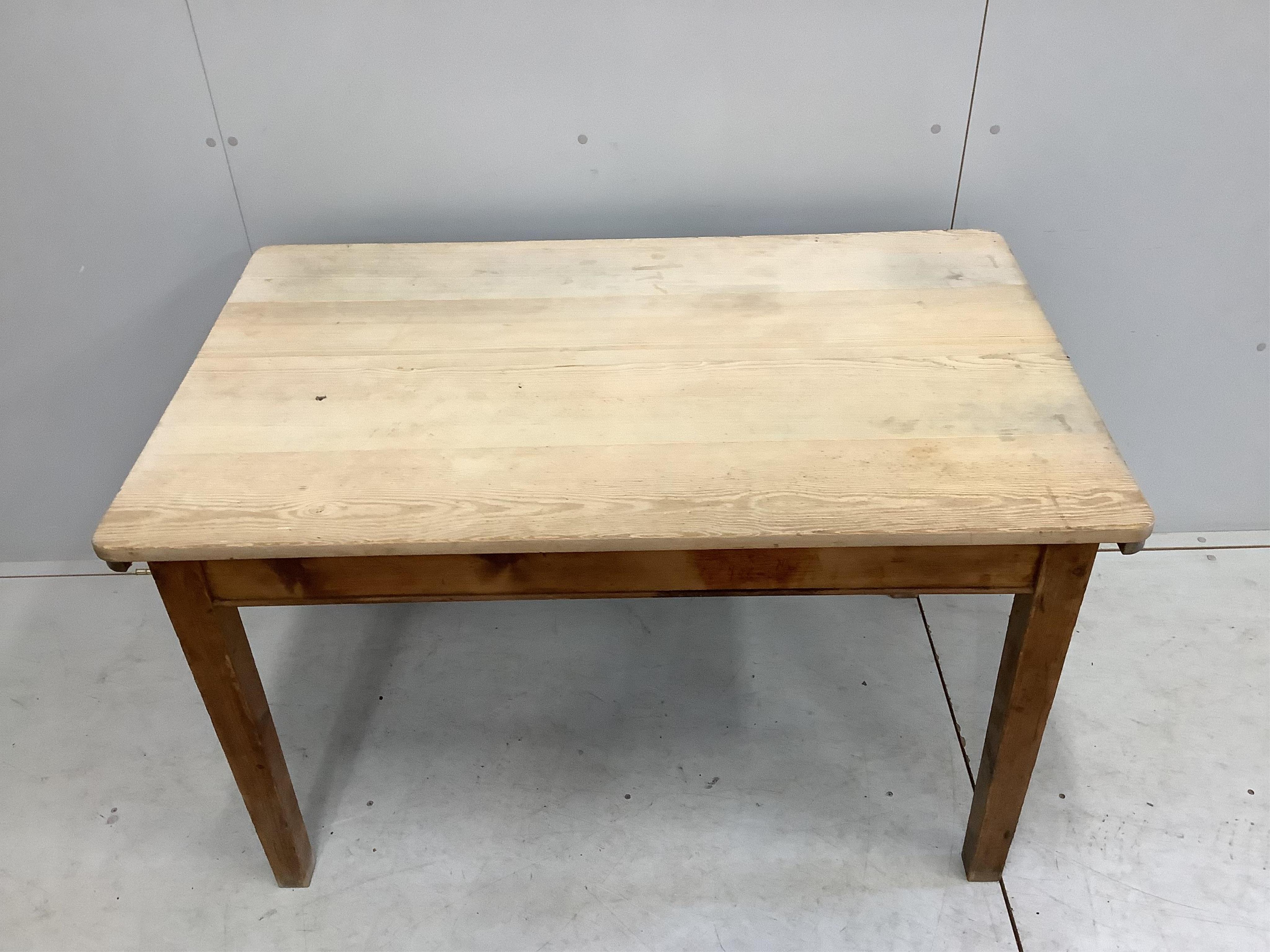 A Victorian rectangular scrubbed pine kitchen table, width 123cm, depth 76cm, height 78cm. Condition - fair